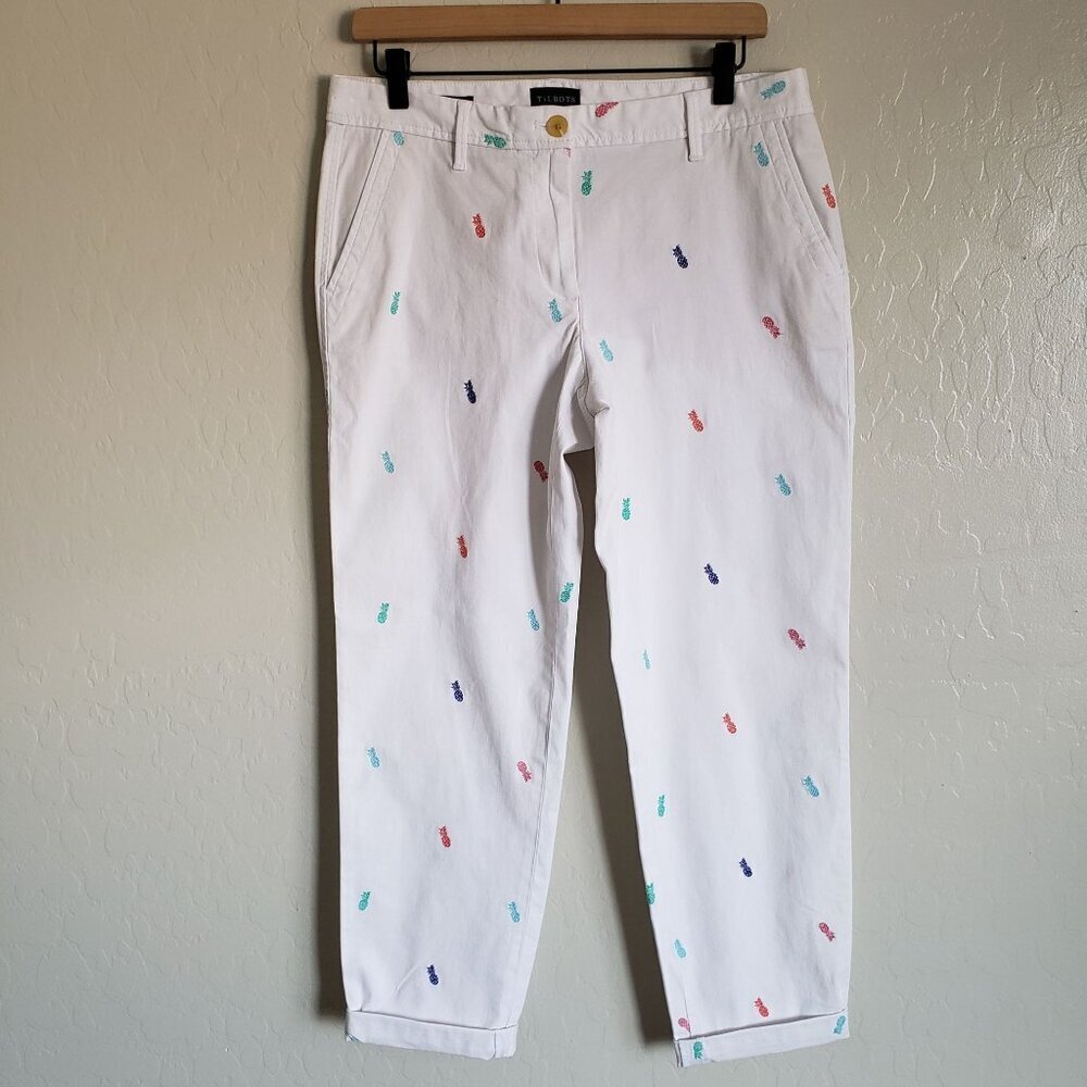 Talbots Relaxed Chino Embroidered Pineapple Ankle Pant White/Multi Size 6 Summer